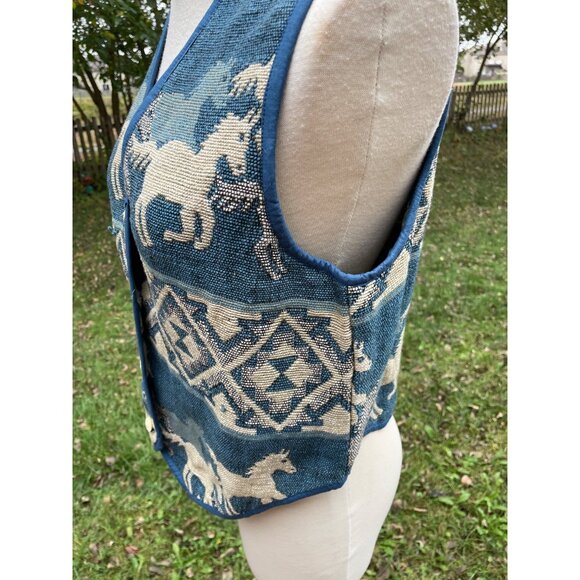 Vintage Keren Hart Tapestry Vest L Horse Pattern Blue Cotton Western Style - Picture 4 of 12